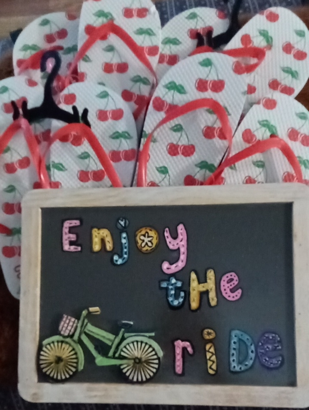 Wood Sign & Cherry Print Flip Flops